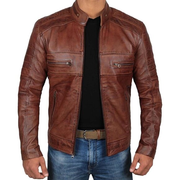 Other - 🆕Men’s Brown Decrum Real Lambskin Leather Jacket Cafe Racer Motorcycle